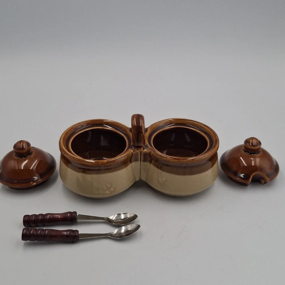 Vintage Stoneware Double Condiment Server Brown Tan Glaze Lidded Caddy w/ Spoons